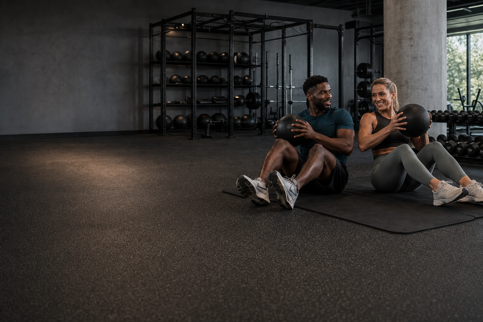 Deux personnes en entraînement de gainage en duo dans une salle moderne